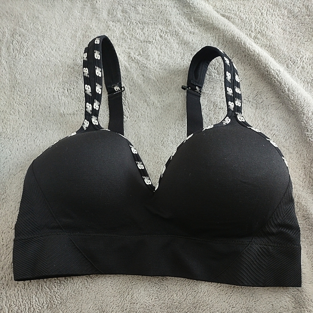 New Balance Women's Black Sports Bra with White Detailing Size Medium